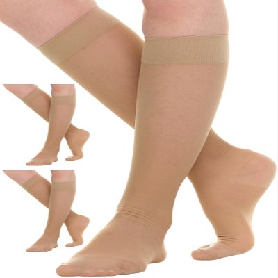 (3 Pairs) Sheer Compression Socks for Women 15-20mmHg - Womens Graduated Knee Highs Support Stockings for Circulation, Swelling, Varicose Veins, Lymphedema - Beige, Medium - A403