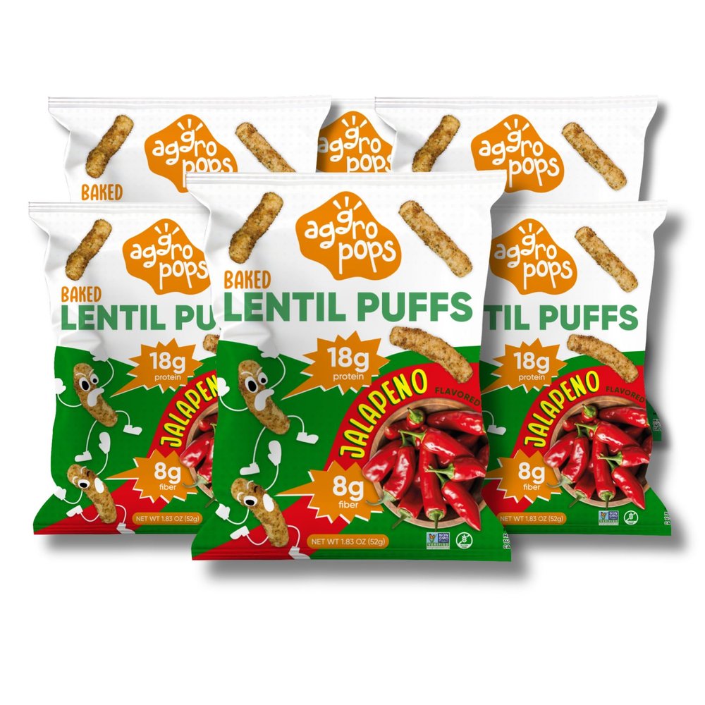 Aggropops High Protein Lentil Snacks - 18g Protein & 8g Fiber Per Bag. Low Calorie, Vegan, Low Carb, Plant-Based, and Gluten Free Healthy Snack for Adults. Bariatric Friendly Food. Jalapeno Flavored.