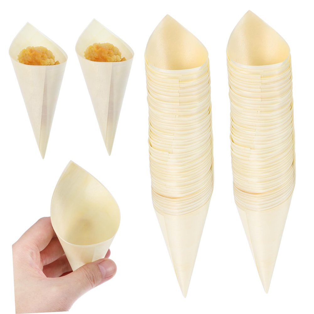FOYTOKI 100 Wooden Ice Cones Food Tasting Cones Disposable Dessert Holders Party Supplies Catering