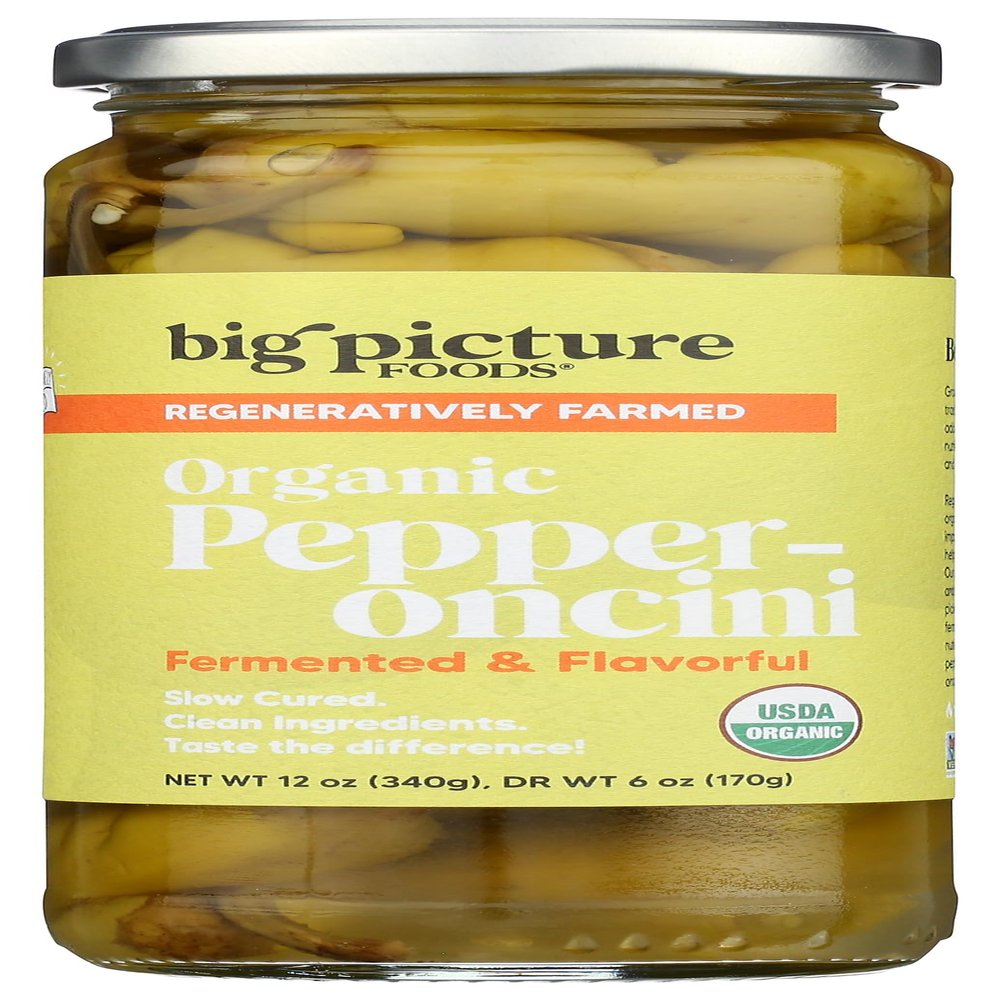 Big Picture Foods Organic Pepperoncini, Whole, Fermented & Flavorful, Zero Trans Fat, 12 Ounces (Pack Of 8)