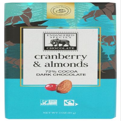 Endangered Species Cranberry & Almonds 72% Cocoa Dark Chocolate Bar, Fair Trade, Vegan Friendly, Kosher, Gluten Free & Non-GMO, 3 Ounce (Pack of 12)