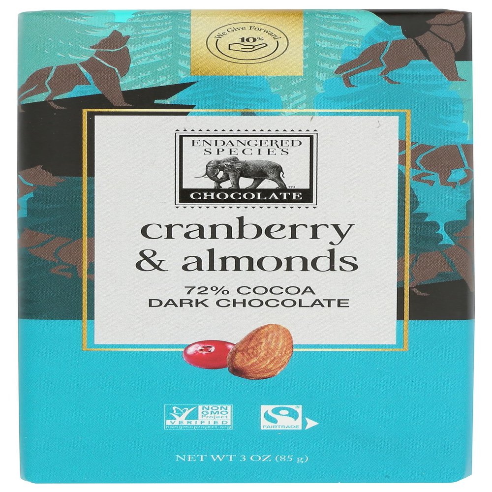 Endangered Species Cranberry & Almonds 72% Cocoa Dark Chocolate Bar, Fair Trade, Vegan Friendly, Kosher, Gluten Free & Non-GMO, 3 Ounce (Pack of 12)