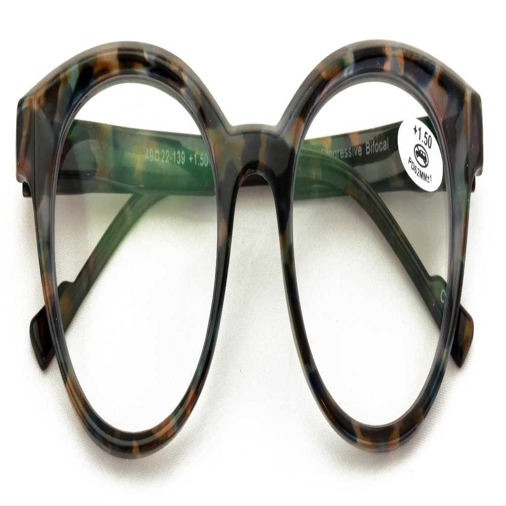 V.W.E. Women Round Progressive Clear Bifocal Reading glasses - No Line or Bubble - Zero Power on Top Reader (Calico, 1.75, x)