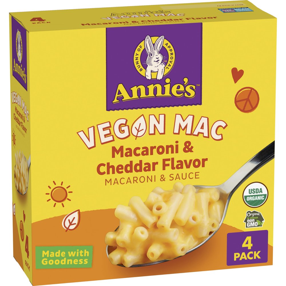 Annie's Vegan Mac and Cheddar Flavor Sauce, Vegan Macaroni and Cheese Made with Organic Pasta, 4 Ct, 24 oz