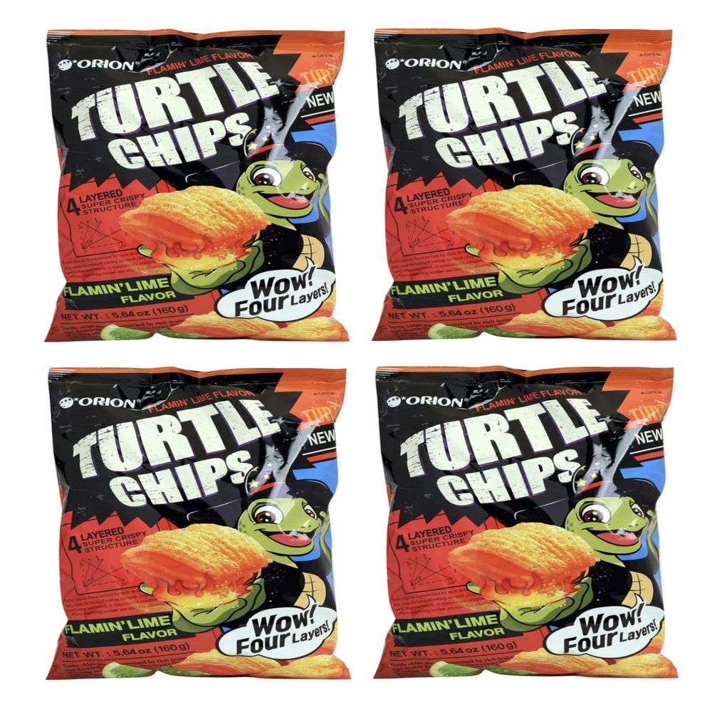 [4 Big Packs] Orion Turtle Chips, Flamin Lime Flavor, 160g-Four Layer Crispy Snack, 5.55oz