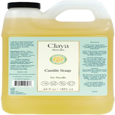 Claya Liquid Castile Soap Organic Ingredients, Biodegradable, Gentle for Sensitive Skin and Versatile Use (64 fl oz, Fir Needle)