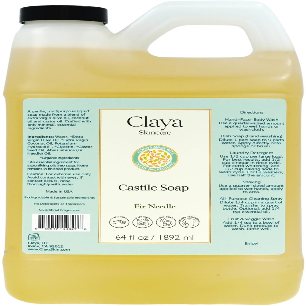 Claya Liquid Castile Soap Organic Ingredients, Biodegradable, Gentle for Sensitive Skin and Versatile Use (64 fl oz, Fir Needle)