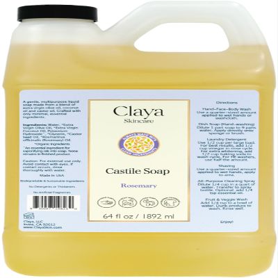 Claya Liquid Castile Soap Organic Ingredients, Biodegradable, Gentle for Sensitive Skin and Versatile Use (64 fl oz, Rosemary)