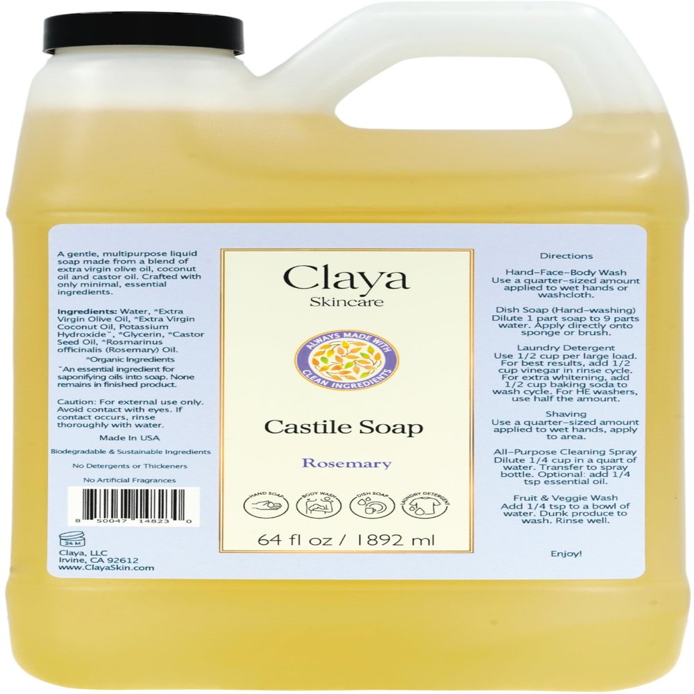 Claya Liquid Castile Soap Organic Ingredients, Biodegradable, Gentle for Sensitive Skin and Versatile Use (64 fl oz, Rosemary)