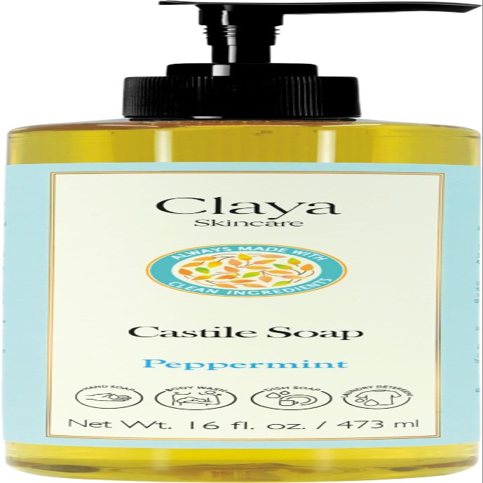 Claya Liquid Castile Soap Organic Ingredients, Biodegradable, Gentle for Sensitive Skin and Versatile Use (16 fl oz (Pump Cap), Peppermint)
