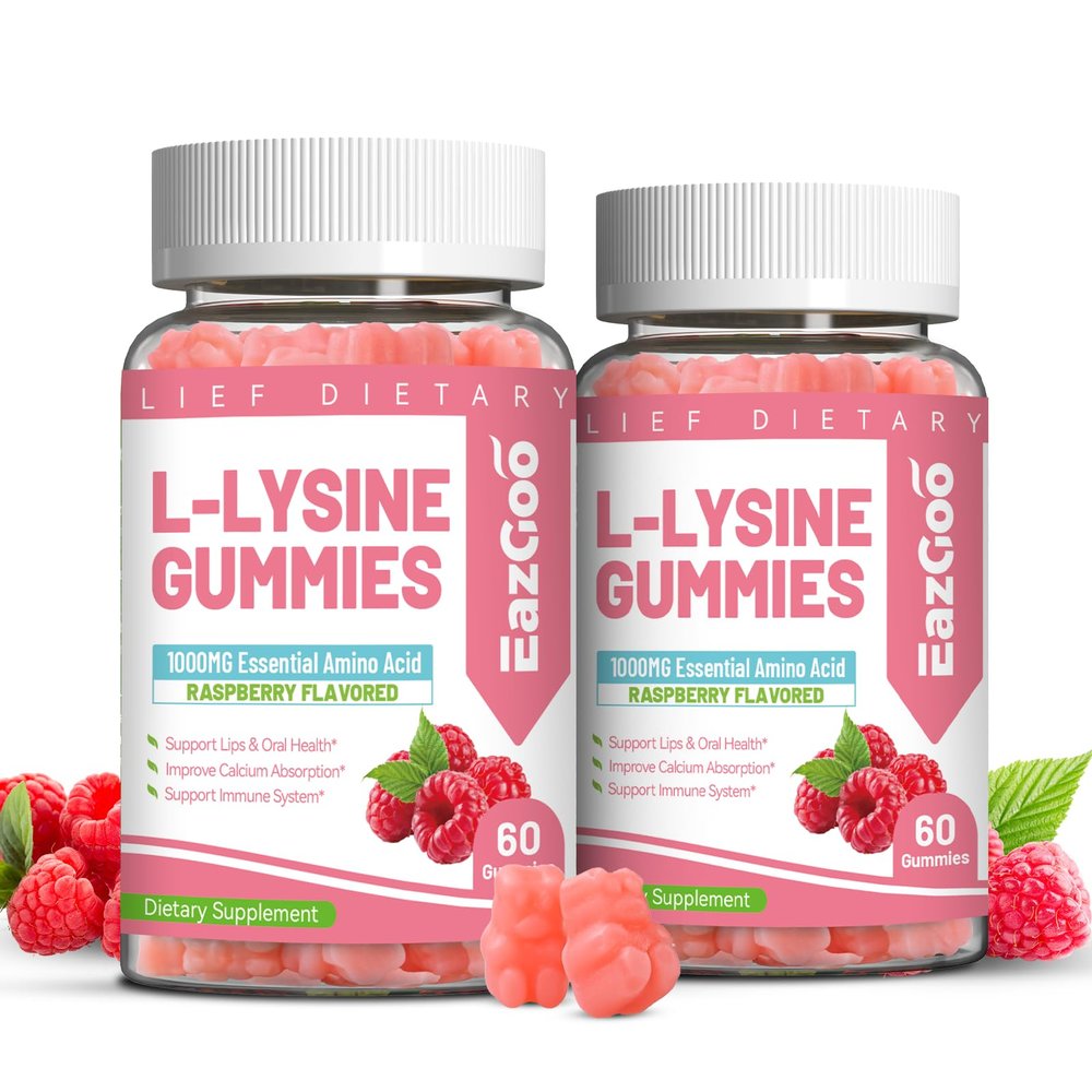 EAZGOO 2 Pack L-Lysine 1000mg Gummies, Chewable Lysine Supplement for Adults, Essential Amino Acid for Lip Health, Immune Support, Collagen Formation* - Vegan, Gluten-Free, Sugar-Free, 120 Counts