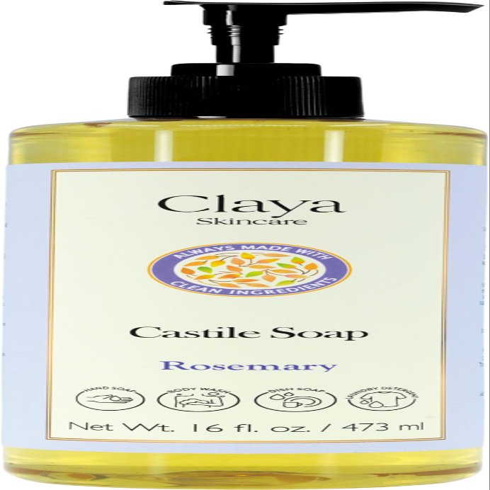 Liquid Castile Soap Organic Ingredients, Biodegradable, Gentle for Sensitive Skin and Versatile Use (16 fl oz (Pump Cap), Rosemary)