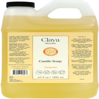 Claya Liquid Castile Soap Organic Ingredients, Biodegradable, Gentle for Sensitive Skin and Versatile Use (64 fl oz, Tangerine)