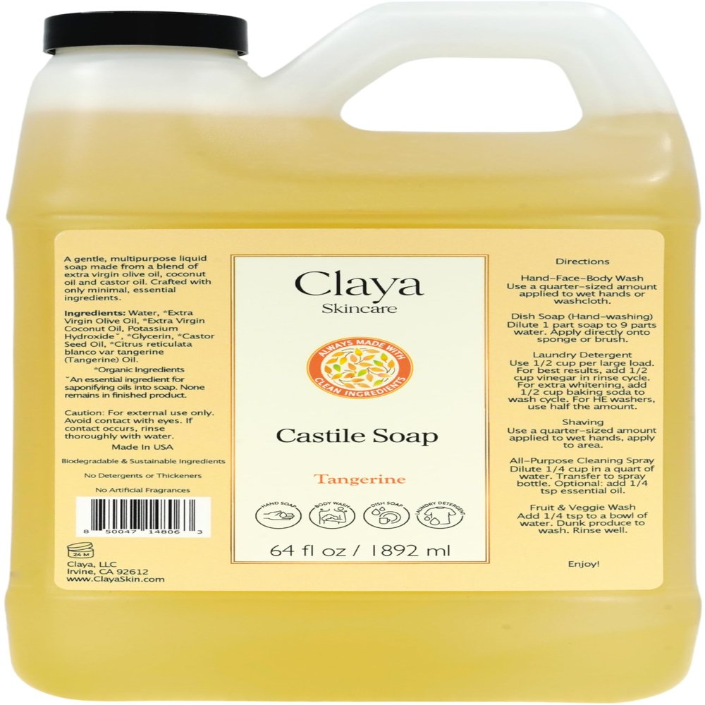 Claya Liquid Castile Soap Organic Ingredients, Biodegradable, Gentle for Sensitive Skin and Versatile Use (64 fl oz, Tangerine)