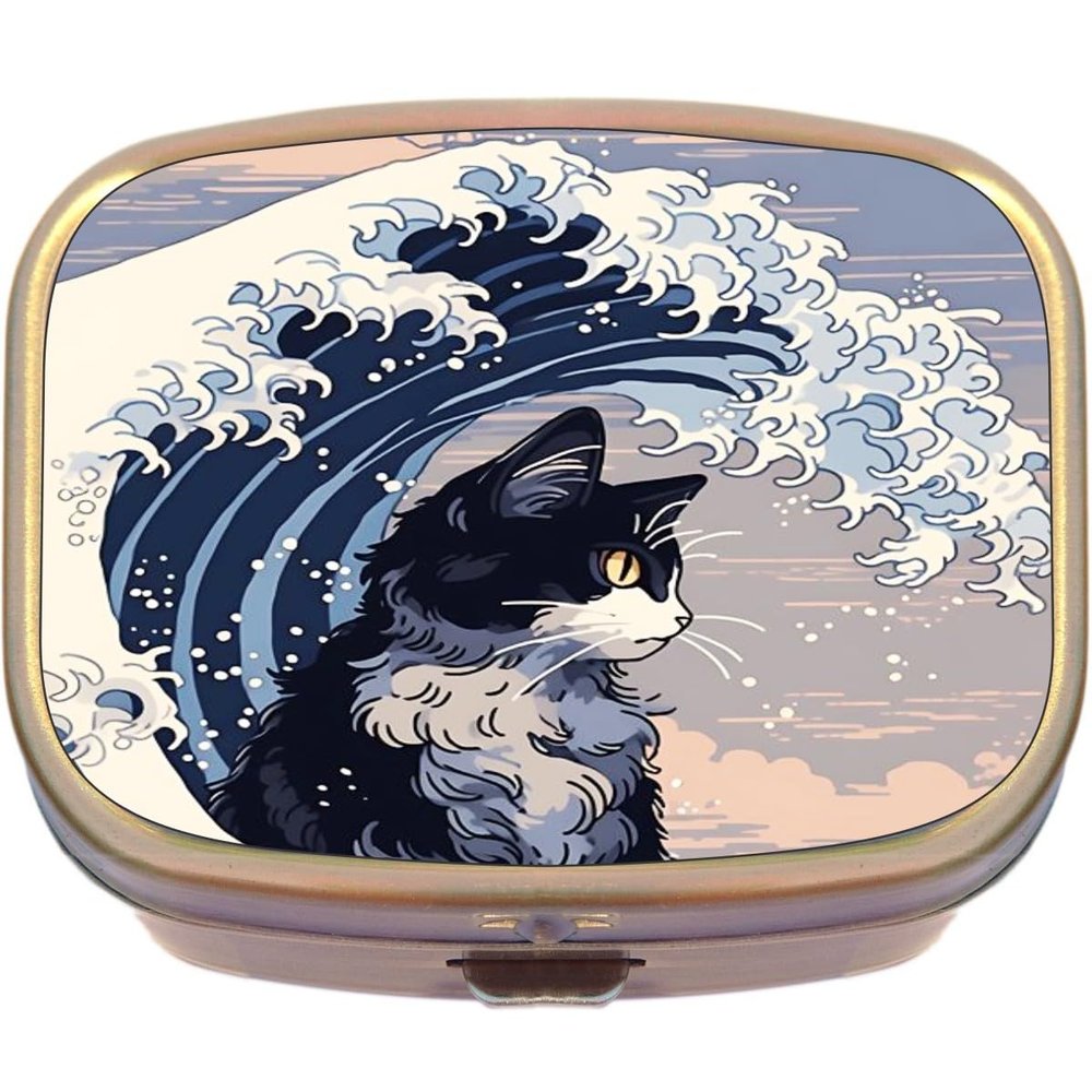 Great Wave Kitty Cat Brass Rectangle Pill Box