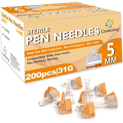 CareLiving 200 Count Insulin Pen Needle 31G 5 mm (3/16), Universal Fit Compatible with Most Pen Injector Device, Ultra-Thin for Comfortable Insulin Injection
