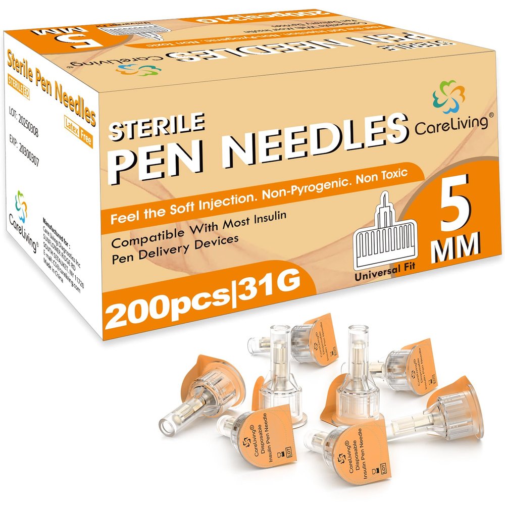CareLiving 200 Count Insulin Pen Needle 31G 5 mm (3/16), Universal Fit Compatible with Most Pen Injector Device, Ultra-Thin for Comfortable Insulin Injection