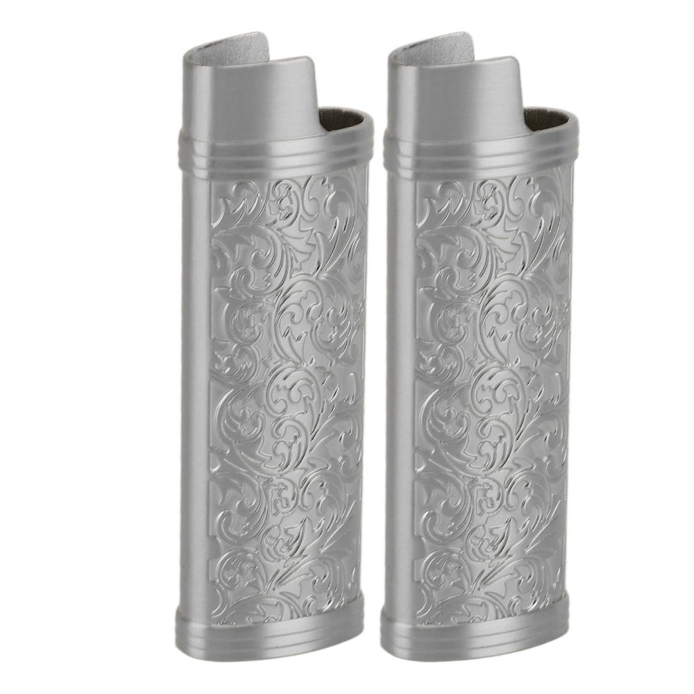 2PCS Vintage Floral Stamped Zinc Alloy Lighter Case Cover for Lighter (Grey)