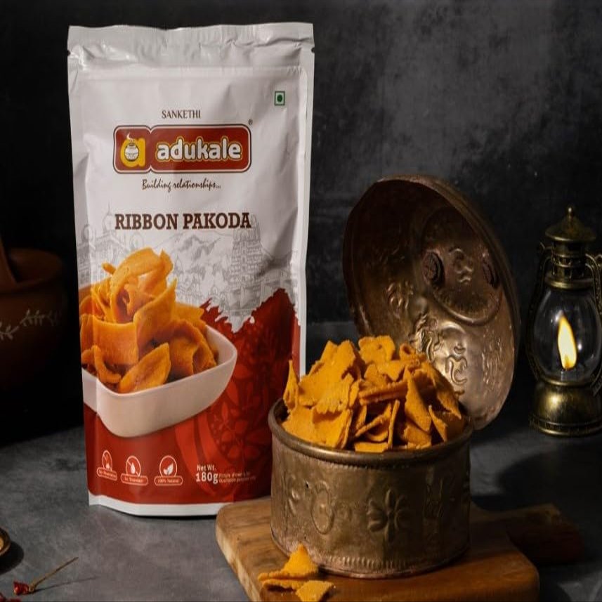 Adukale Snacks Combo - Adukale Ribbon Pakkoda, Adukale Kayi Koduble & Adukale Benne Murukku (butter murukku) Each Pack 180g Pack of 3