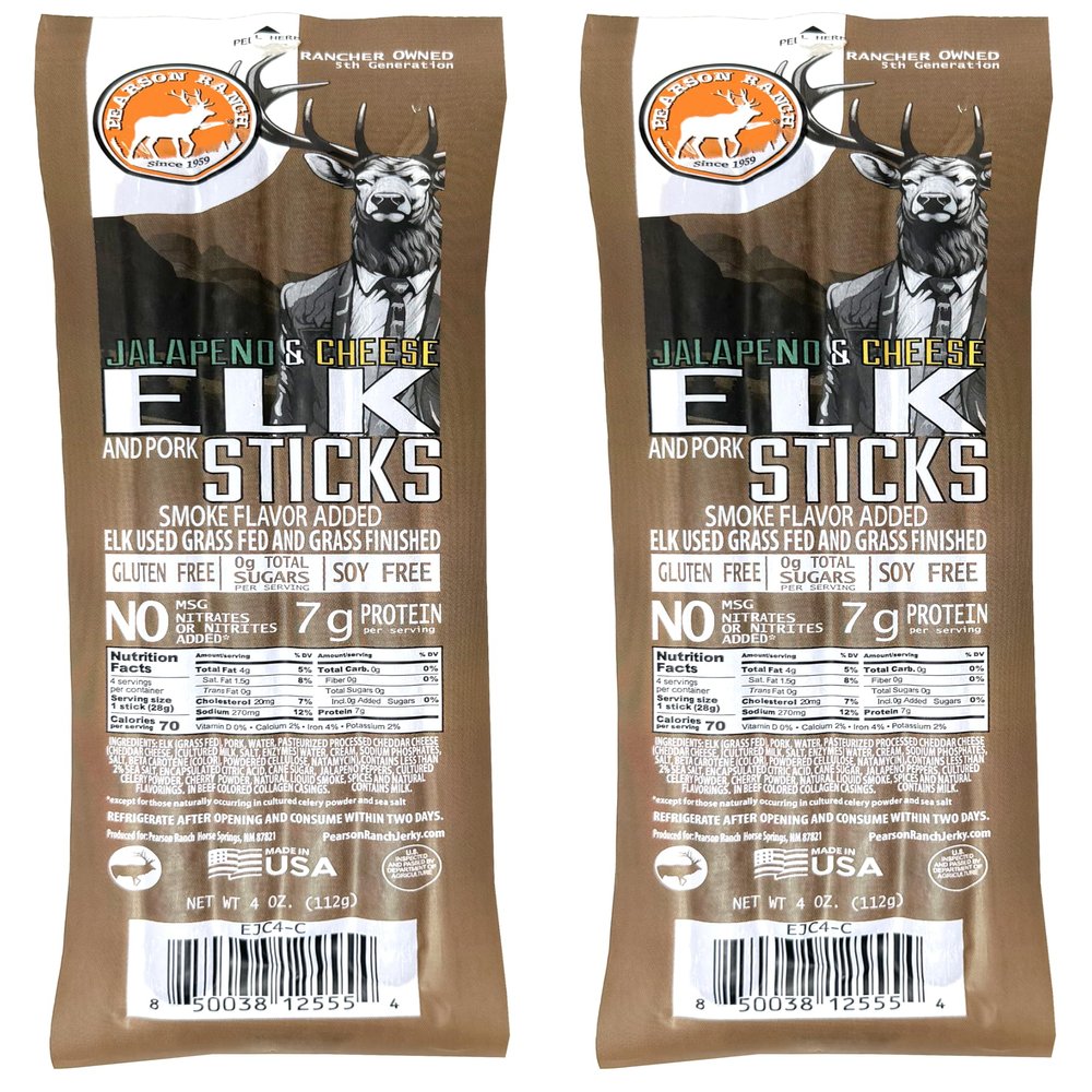 Pearson Ranch Meat Sticks - Jalapeo Cheese Elk - Grass-Fed Exotic Meat Sticks, Zero Sugar Low-Carb Keto Friendly Healthy Snacks, (Pack of 2, 4 Sticks Each - 8 Total)