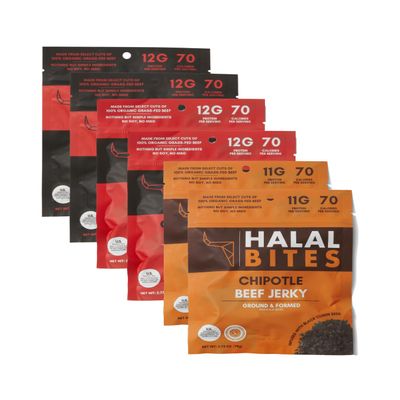 6-Pack Mixed Flavors | Halal Bites | Original, Chipotle + Ghost Pepper Beef Jerky Bites| Organic Grass-Fed Beef Jerky, Halal Certified