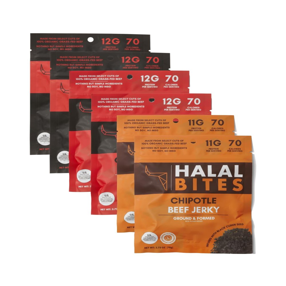 6-Pack Mixed Flavors | Halal Bites | Original, Chipotle + Ghost Pepper Beef Jerky Bites| Organic Grass-Fed Beef Jerky, Halal Certified