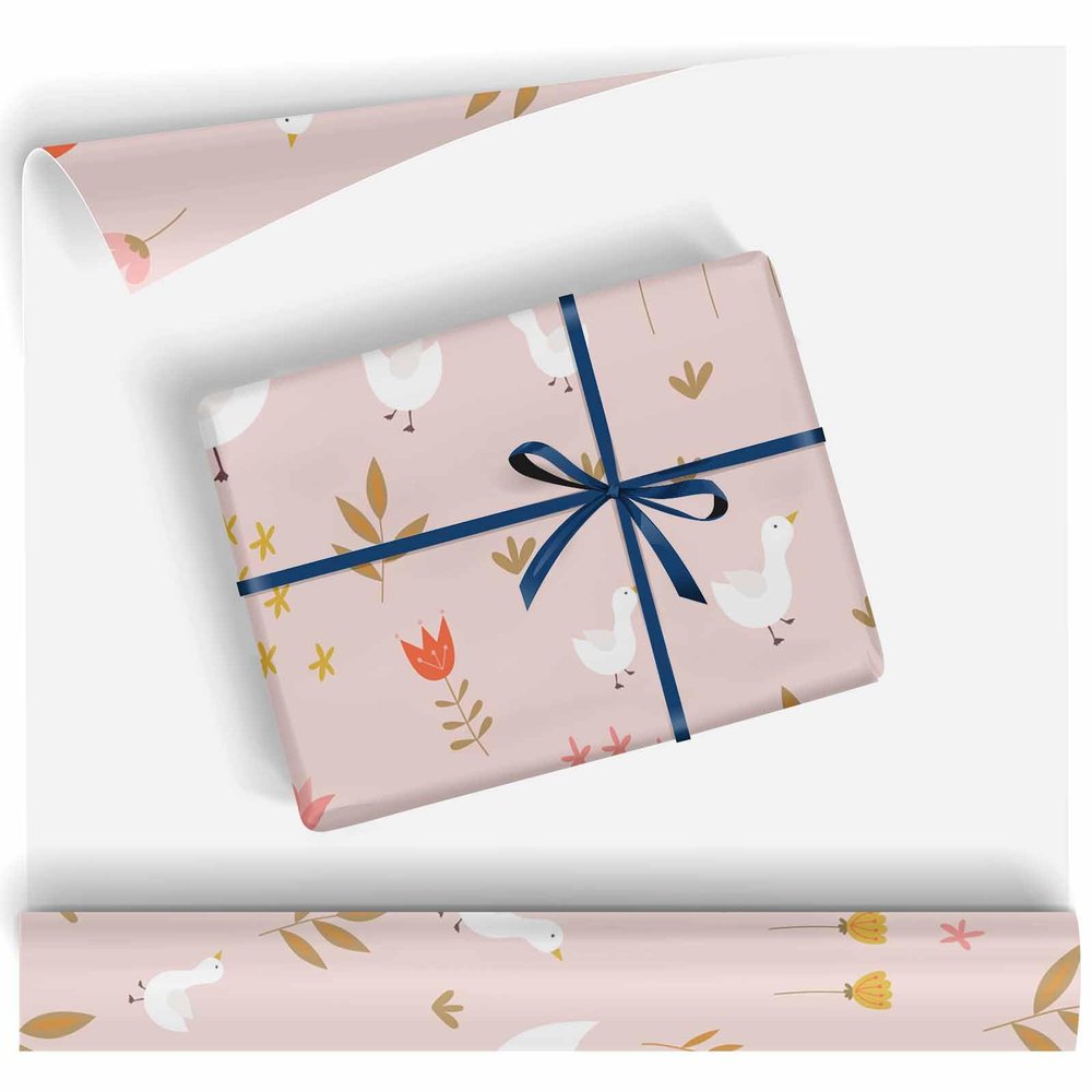 Farm Goose Pattern Gift Wrapping Paper Party Favor Happy Bday Wrap With Cutting Line On Back (Goose-pink, 5 Rolls)
