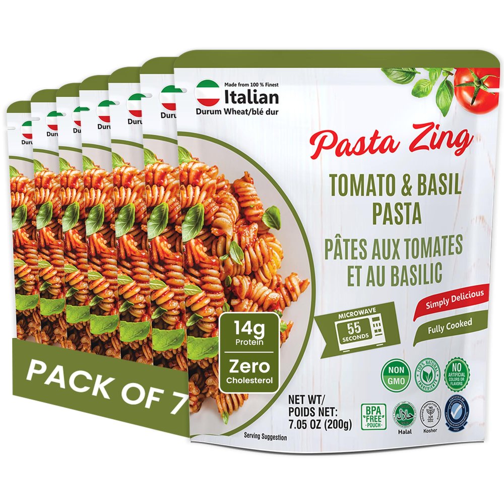 Pasta Zing Tomato & Basil Pasta, Pack of 7, Fully Cooked Fusilli Pasta with Tomato & Basil Sauce, Ready in 1 Minute, Shelf Stable Microwave Pasta, 14g Protein, 8.6g Fiber, 7.05 oz Pouches