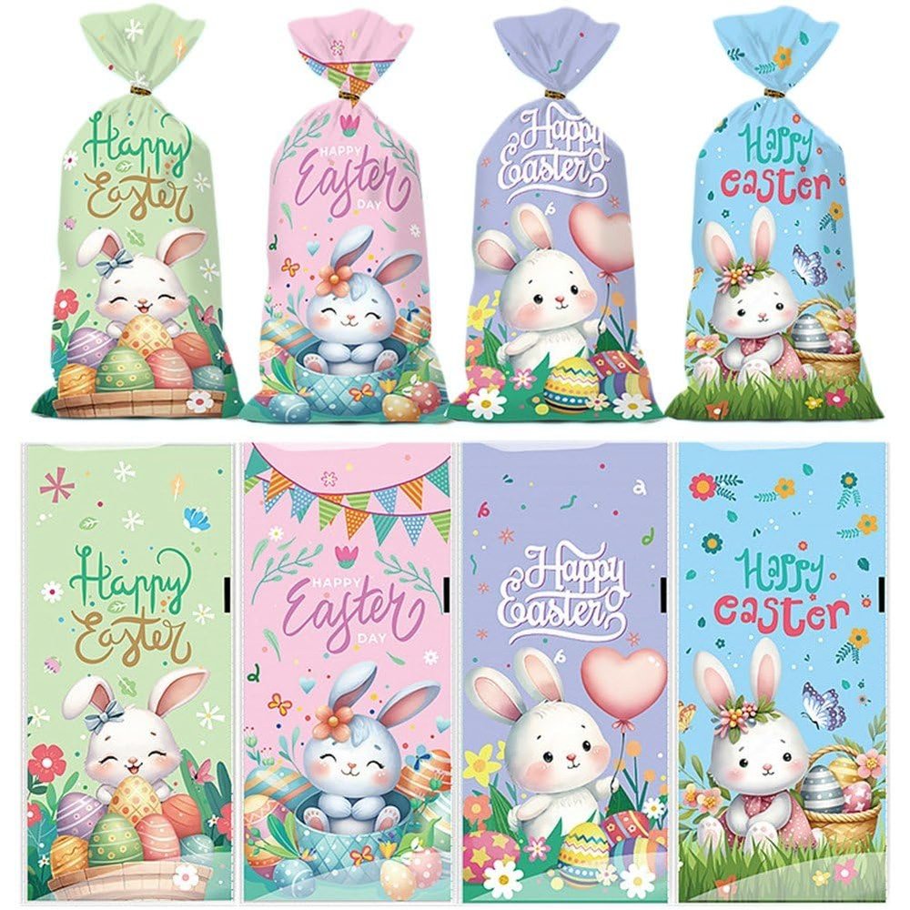100pcs Easter Gift Bags with Twist Ties, Cellophane Easter Egg Bunny Gift Wrap Bags for Packing Goodies Candies Cookies Candy Sweets Party Favors