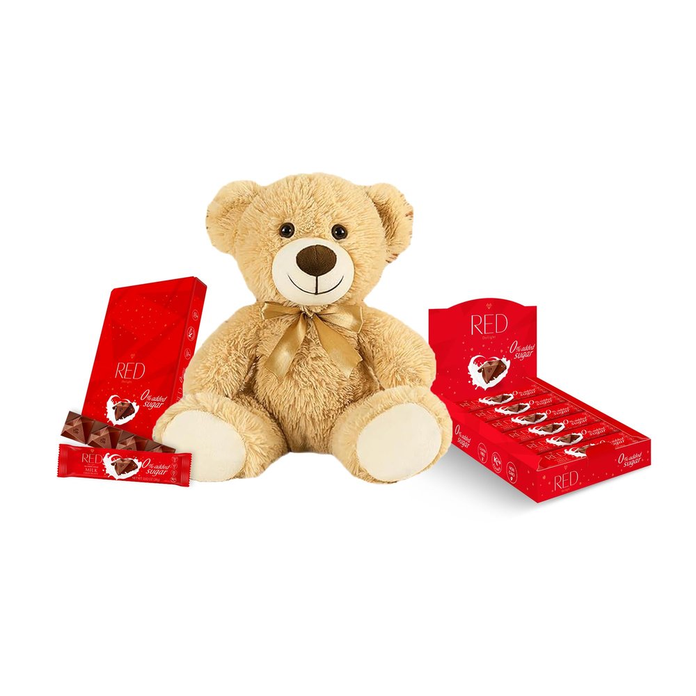 Red Delight Chocolate Variety Packs - Milk Chocolate Bars - 0.92 oz, Pack of 24 Snack Size Candy Bars- Kosher, No Added Sugar, Gluten Free, Non-GMO - Birthday Gift with 14 Plush Teddy Bear