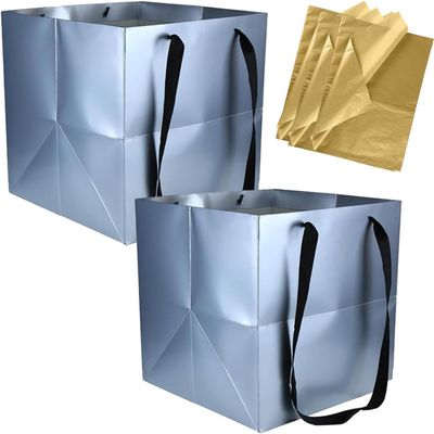 MAQMAQQ Large Square Gift Bags Square Bottom Bags with Handles for Party Favor, Birthday Gift Bag (12 x 12 x 12 in, 2 CT) (Silver (2Pcs))