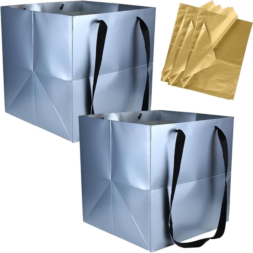 MAQMAQQ Large Square Gift Bags Square Bottom Bags with Handles for Party Favor, Birthday Gift Bag (12 x 12 x 12 in, 2 CT) (Silver (2Pcs))