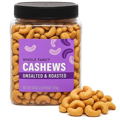 Cashews Nuts Whole Roasted UnSalted Cashew Nut 42 oz Snack Jar - Protein Energy Booster Heart-Healthy - Vegan Keto Gluten-Free - Cooking Baking Everyday Travel Office Smart Snacks Treat