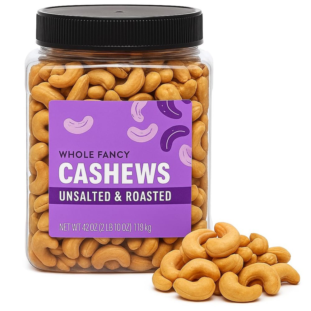 Cashews Nuts Whole Roasted UnSalted Cashew Nut 42 oz Snack Jar - Protein Energy Booster Heart-Healthy - Vegan Keto Gluten-Free - Cooking Baking Everyday Travel Office Smart Snacks Treat