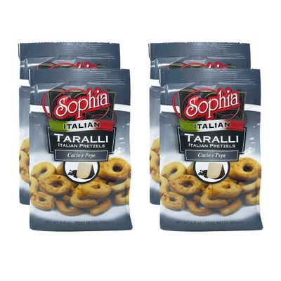 Sophia Taralli Italian Pretzels - Cacio e Pepe 8.8oz (4-Pack) | Rustic Italian Bakery Crackers with Cheese & Black Pepper | Imported Taralli for Charcuterie & Snacking | Authentic Italian Snacks