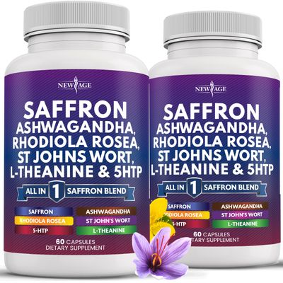 NEW AGE Saffron Supplements with Ashwagandha - Support with L-Theanine, Ginkgo Biloba, St. John's Wort, Rhodiola Rosea & 5-HTP - Saffron 120 Count