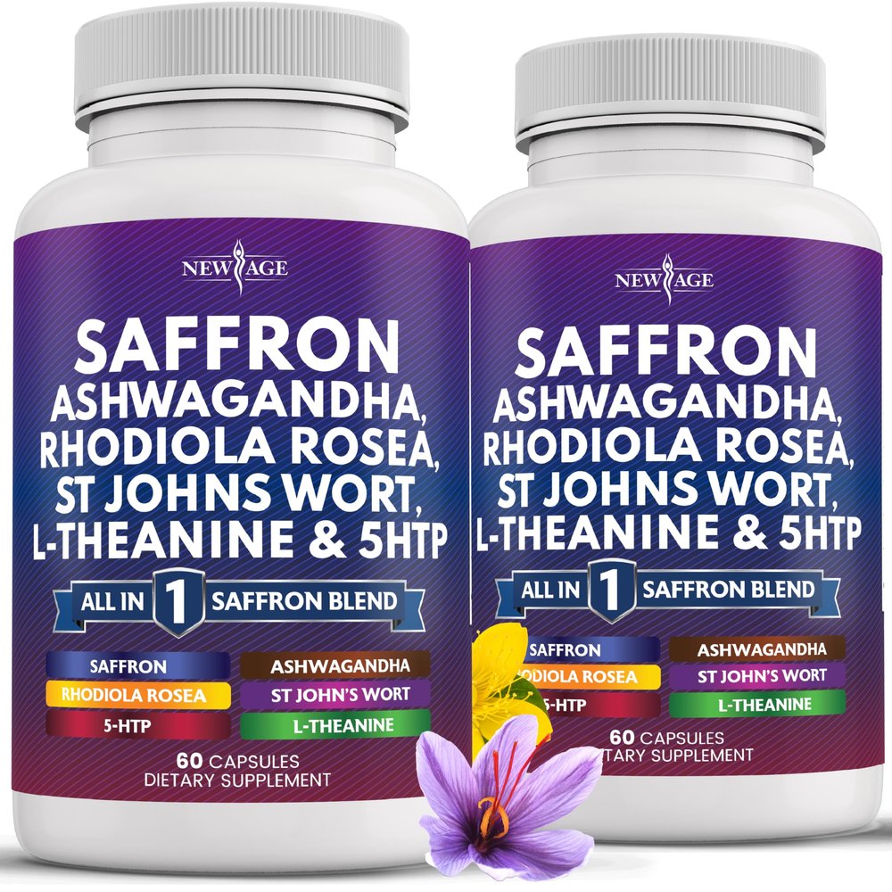 NEW AGE Saffron Supplements with Ashwagandha - Support with L-Theanine, Ginkgo Biloba, St. John's Wort, Rhodiola Rosea & 5-HTP - Saffron 120 Count