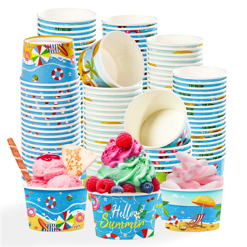 120 Pcs Summer Pool Ice Cream Cups 12 oz Disposable Beach Paper Dessert Snack Bowls Summer Hawaii Food Yogurt Cup Containers for Hot or Cold Food Soup Candies Beach Picnic Holiday BBQ Party Supplies