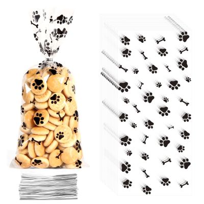 60 PCS Plastic Dog Paw Cellophane Treat bags with Ties Goodie Candy Cookie Goody Gift Bags Pouches Clear Baby Shower Pet Puppy Birthday Party Decorations Favors Supplies Wrapping Stuffers(5x11)