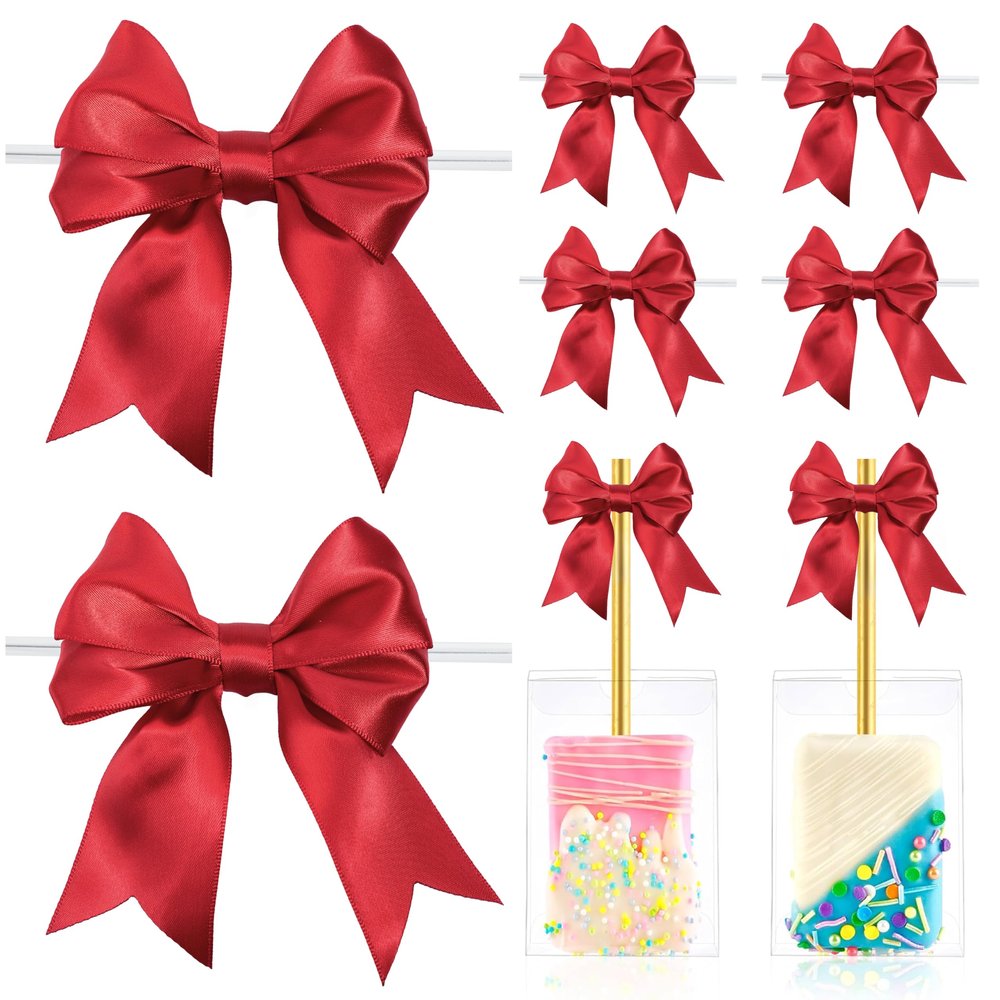 LIZLOVESS Red Bows with Twist Ties 3.5 Inch Pre-Tied Double Satin Ribbon Bows for Gift Wrapping, Crafts, Wedding Decor, Treat Bags, Candy Apple, Christmas, Party Favors, Baby Shower (24 Pack)