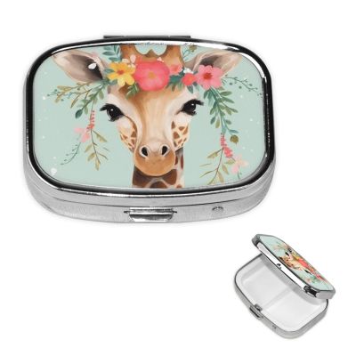 Giraffe with Floral Pill Box 2 Compartment, Small Pill Box for Purse & Pocket, Metal Pill Case with Mirror, Travel Daily Pill Organizer, Portable Medicine Vitamin Holder Unique Gift