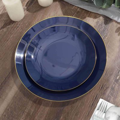 TCF Linen 10 Pack 8" Plastic Dessert Plates, Navy Blue Round Salad Plates with Gold Rim, Disposable Tableware for Large Party Wedding Decor