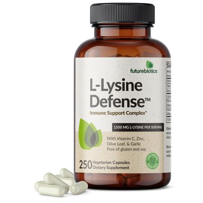Futurebiotics L-Lysine Defense Immune Support Complex 1500 MG Per Serving with Vitamin C, Zinc, Olive Leaf & Garlic - Non-GMO, 250 Vegetarian Capsules