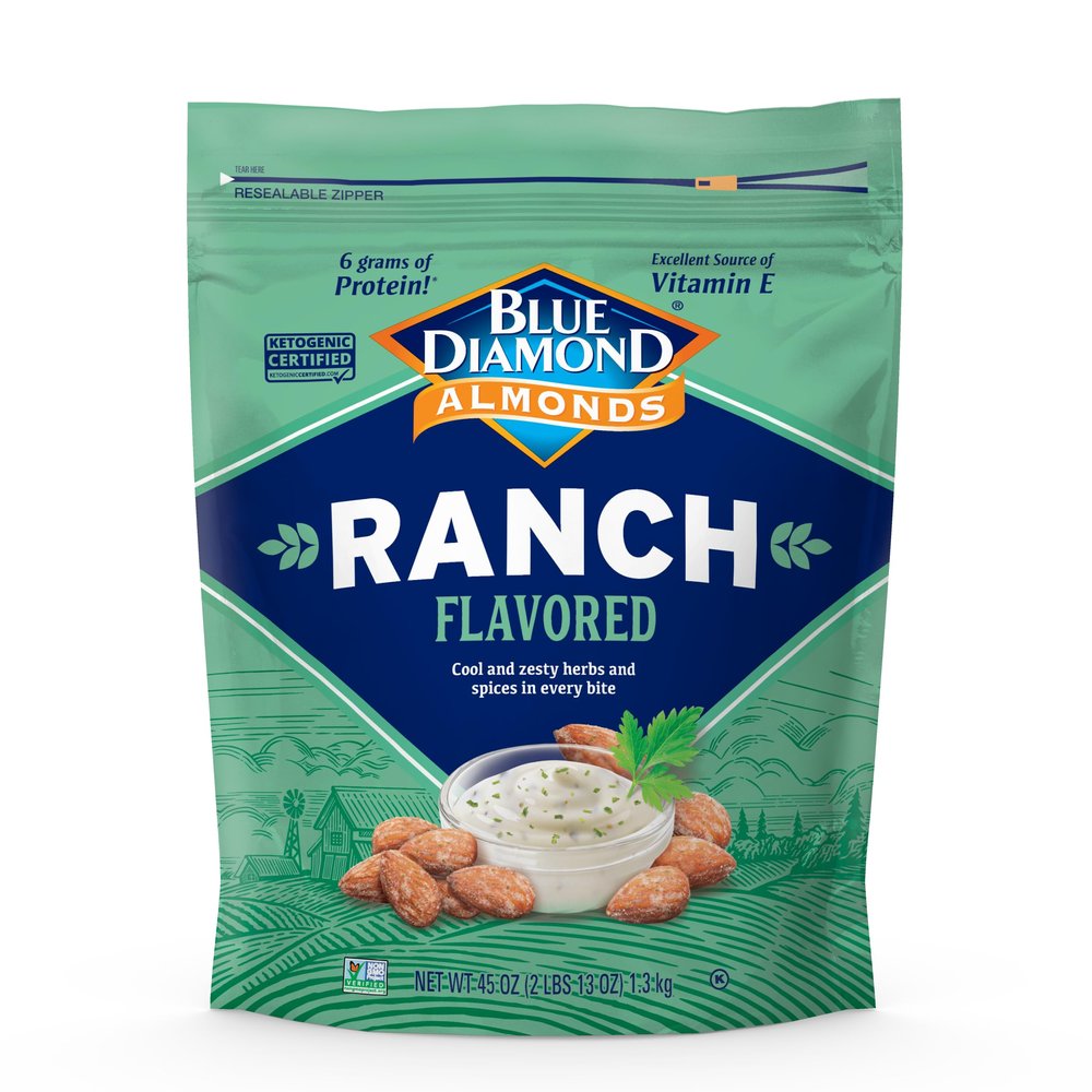 Blue Diamond Almonds, Ranch Flavored Value Bag Snack Nuts Perfect for Bulk Pantry Staples and Keto Friendly Snacking 45 Oz Resealable Bag (Pack of 1)