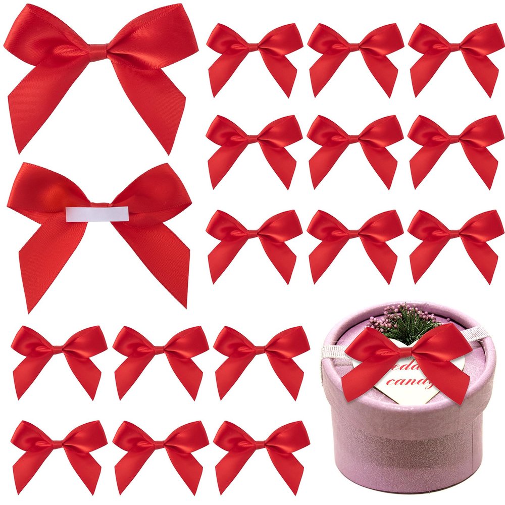 VARMDUKKE 15 PCS Mini Red Ribbon Bow Decor, Cute Small Satin Ribbon Tie Bowknots for Party, Soft Premade Tiny Bows Ribbon Accessories for DIY Crafts, Wedding, Bakery Wrapping