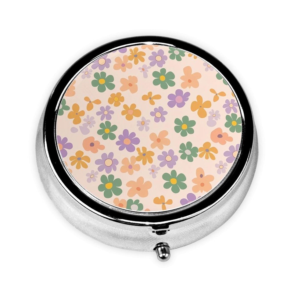 CSIVKEJ Cute Flowers Floral Print Round Pill Box 3 Compartment Decorative Pocket Purse Portable Mini Travel Medicine Tablet Vitamin Holder Organizer