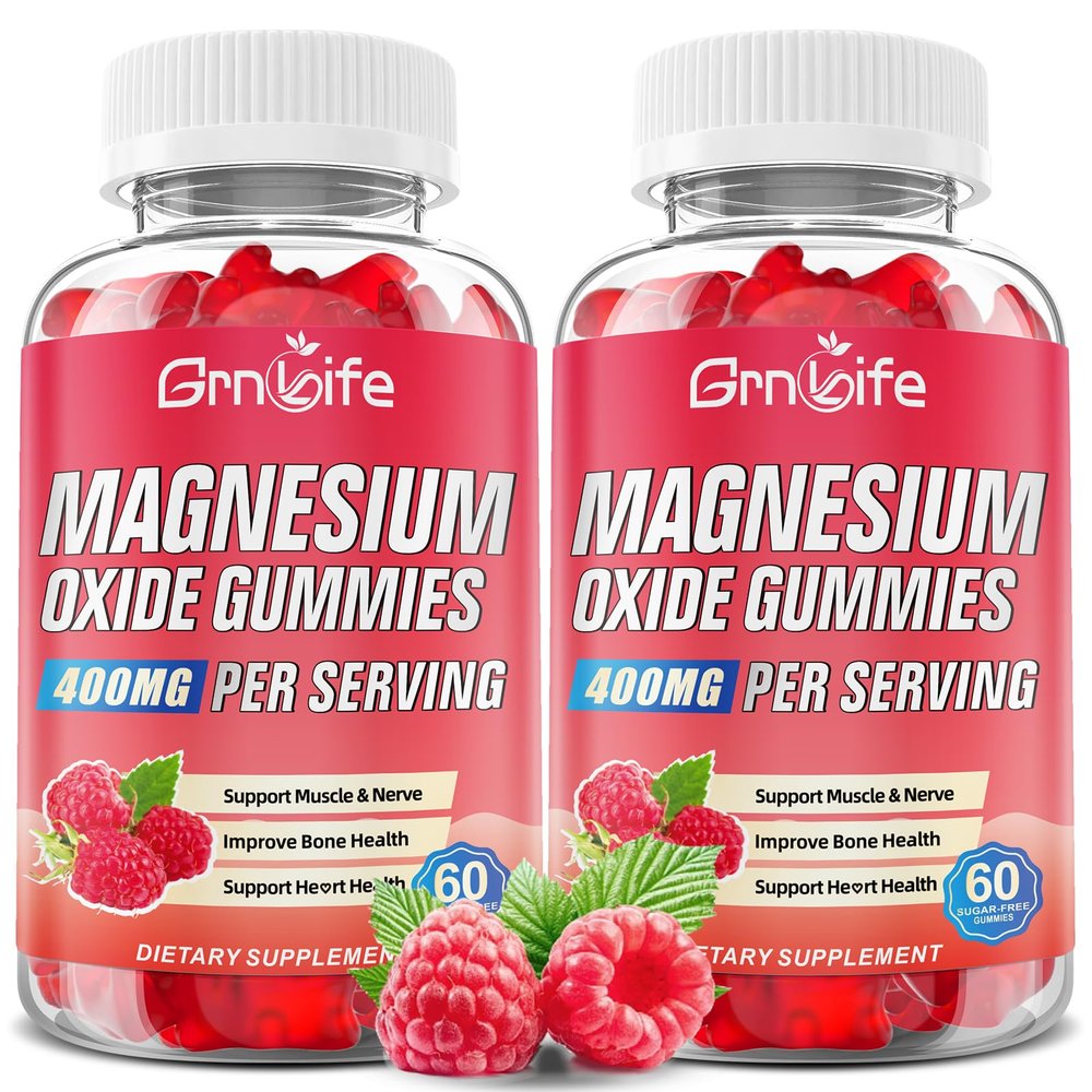 2 Pack Magnesium Oxide Gummies 400mg, Chewable Magnesium Oxide Supplement for Adults & Kids, Nerve & Muscle Support, Vegan, Raspberry Flavor, 120 Count