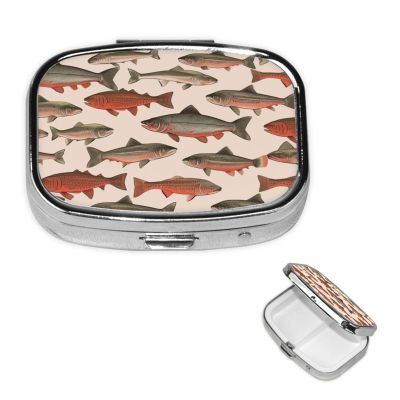 Salmon Pill Box 2 Compartment, Small Pill Box for Purse & Pocket, Metal Pill Case with Mirror, Travel Daily Pill Organizer, Portable Medicine Vitamin Holder Unique Gift