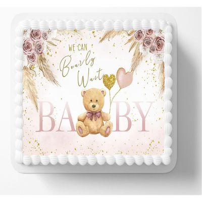 1/2 Sheet Bearly Wait Rose Pink Theme Bear Baby Shower Edible Image Edible Birthday Cake Topper Frosting Sheet Icing Paper Cake Decoration Edible Cake Sticker Decal