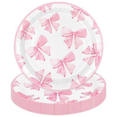 JarThenaAMCS 50 Pcs Pink Bow Paper Plates Watercolor Bowknot Coquette Disposable Plates 9 Inch Party Dessert Appetizer Plate Tableware for Birthday Baby Shower Bachelorette Bridal Wedding Table Decor